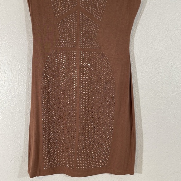 ESLEY Brown Sleeveless Mini Dress Studs Detailing Down The Front & Back Medium - Picture 3 of 8